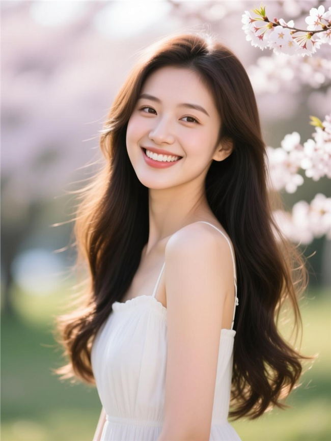 温婉动人白色连衣裙长发美女图片