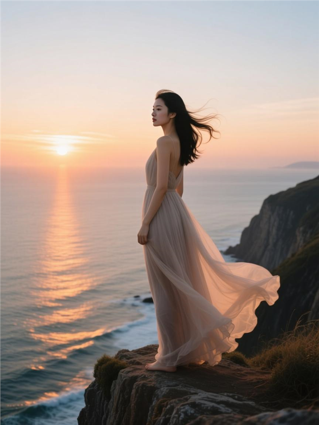 日暮黄昏美女站在海边悬崖图片