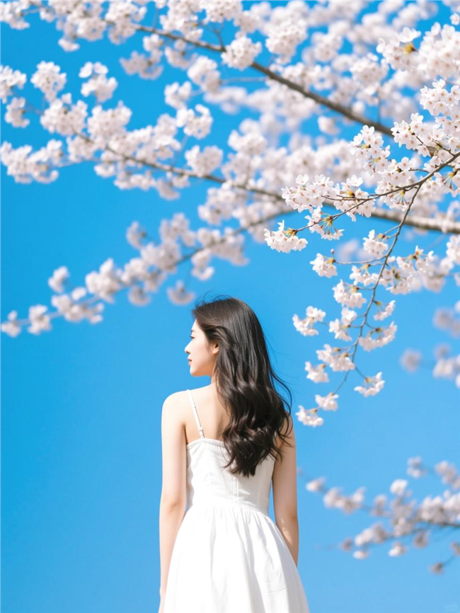 小清新樱花树下美女背影图片