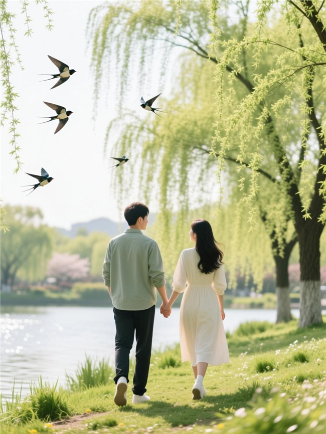阳春三月情侣户外踏青背影图片