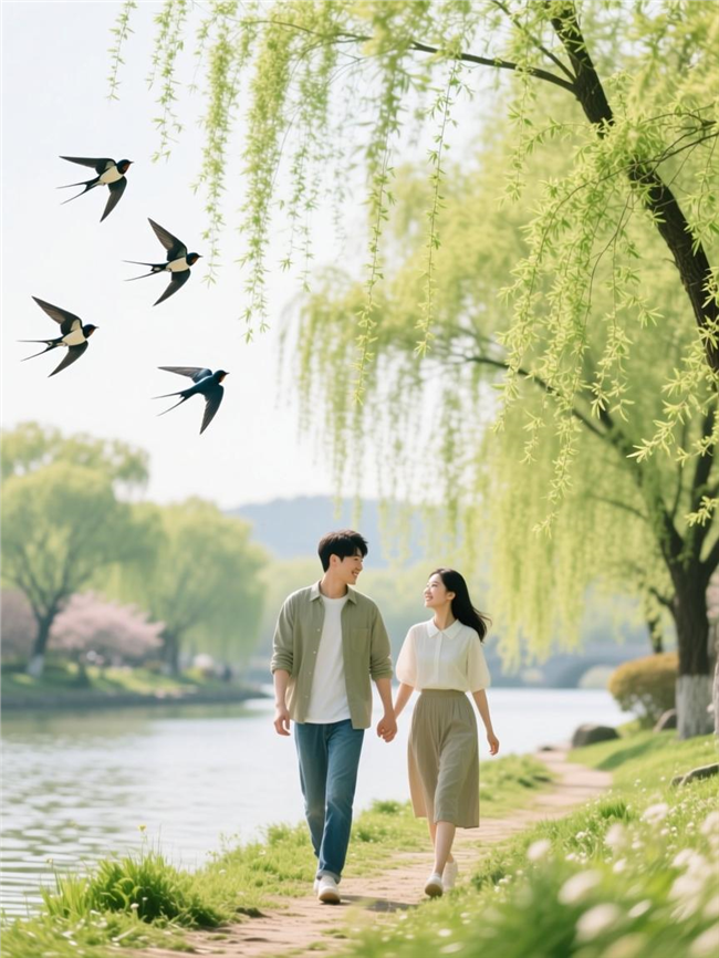 春暖花开情侣河边漫步踏青图片
