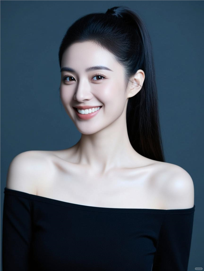 黑色高马尾长发美女性感香肩摄影图片