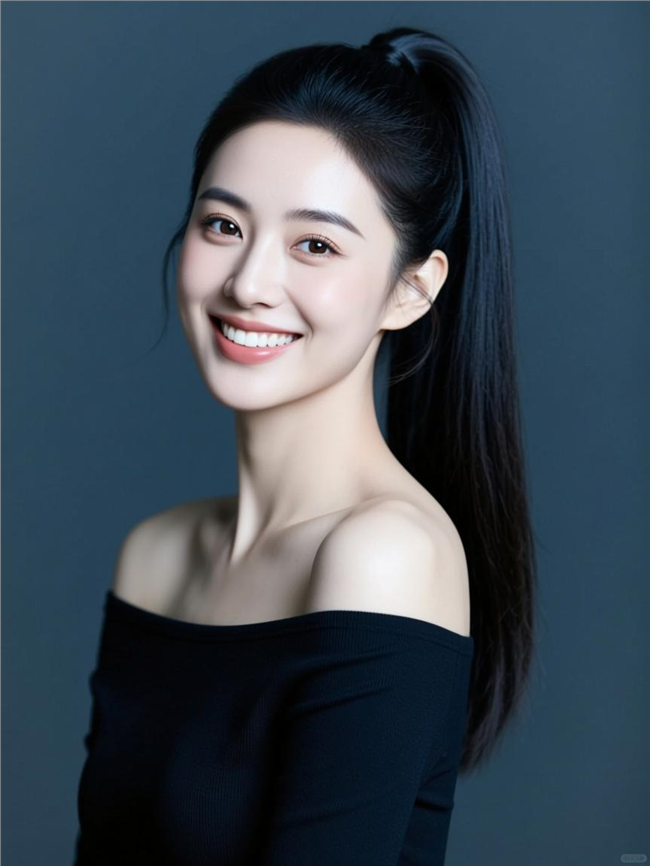 甜美微笑一字肩高马尾美女图片