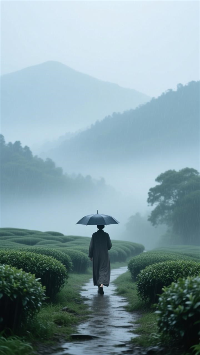 雨天云雾缭绕茶园撑伞背影图片