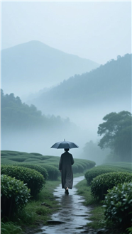 雨天云雾缭绕茶园撑伞背影图片