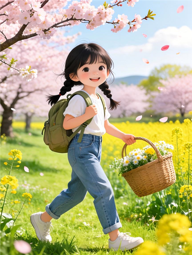 春日踏青女孩卡通插画图片