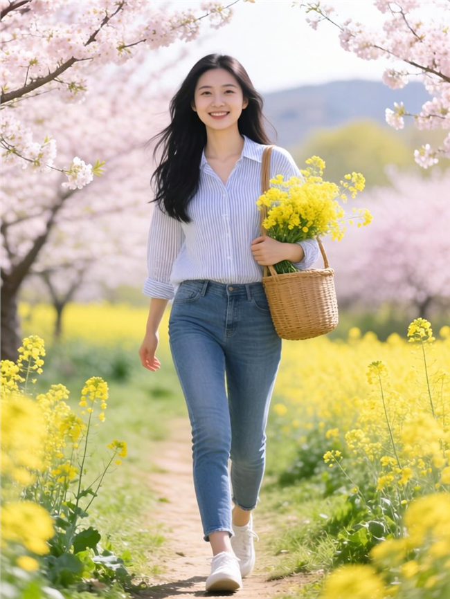 春日油菜花海美女手挎鲜花图片
