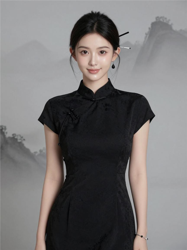 新中式黑色旗袍盘发美女摄影图片