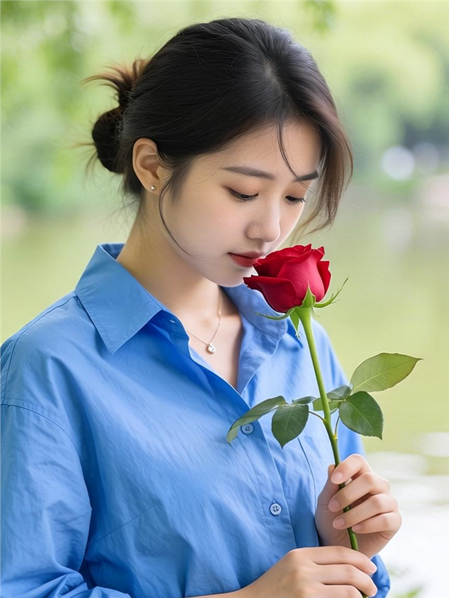 低眸嗅玫瑰花香的蓝色衬衫美女图片