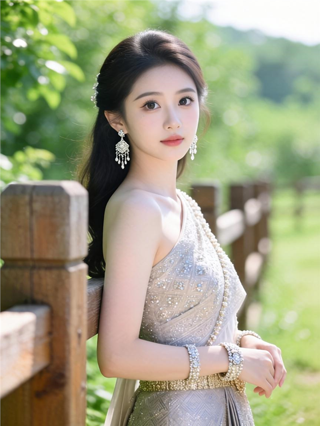 户外木质围栏身穿异国服饰的美女图片