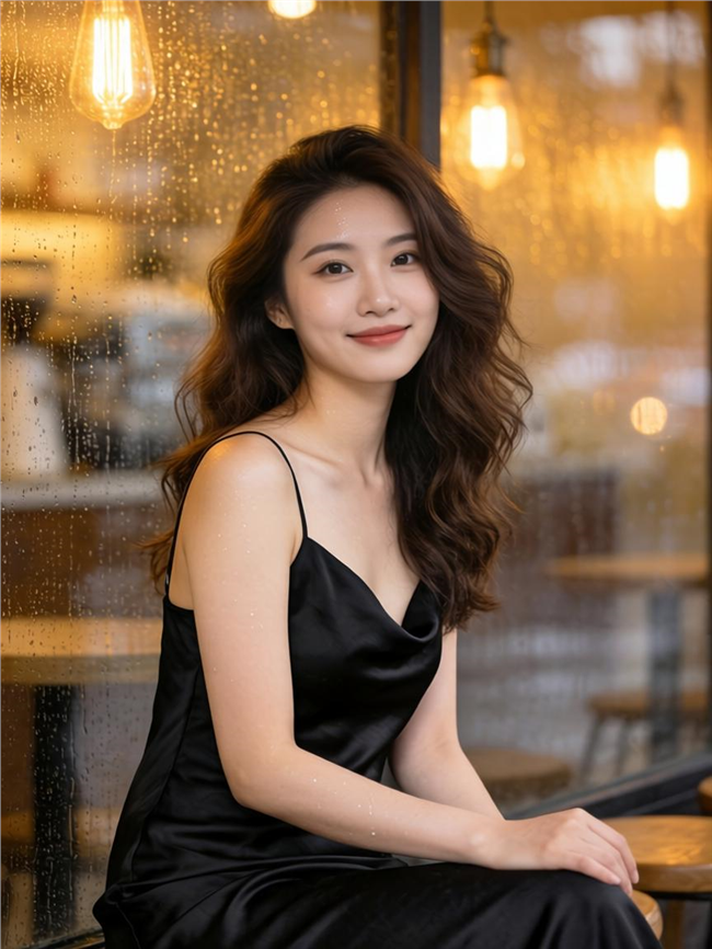雨天黑色丝绸细肩带连衣裙美女图片