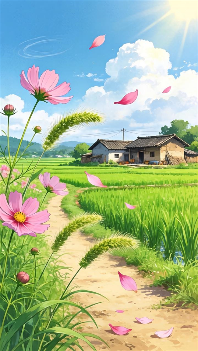 春日乡村卡通风景插画图片