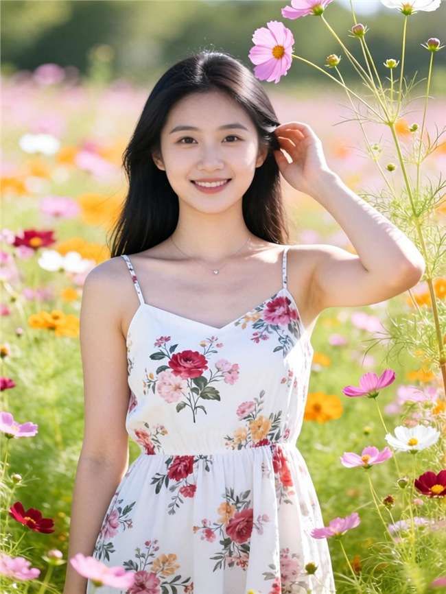 站在花丛里的吊带花裙子美女图片