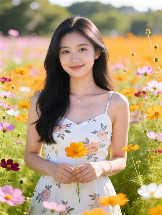 碎花吊带裙美女花海写真图片