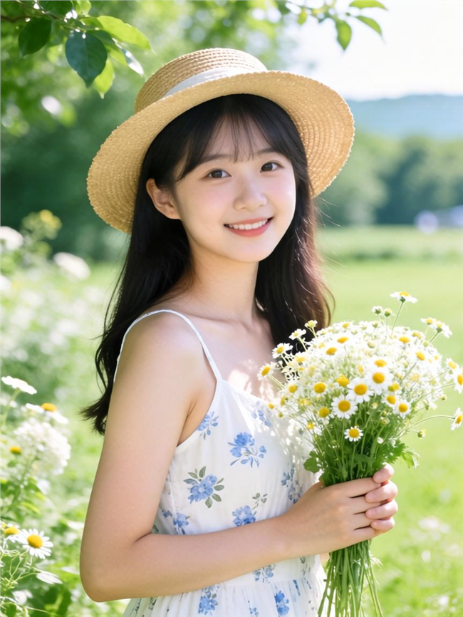 春日户外踏青手捧小雏菊美女图片