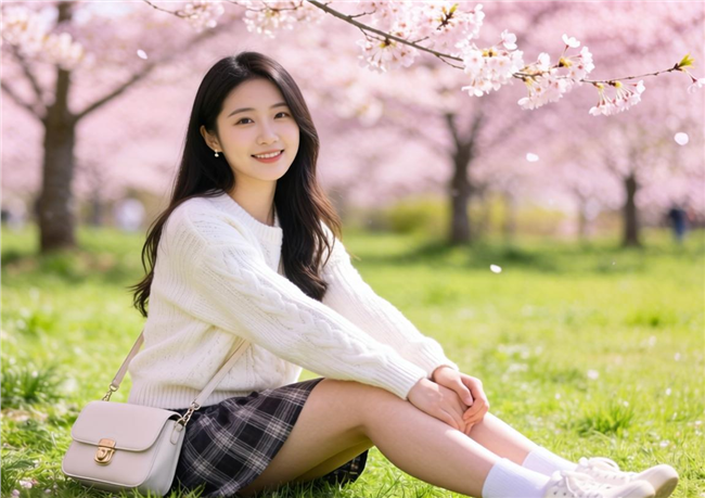 春天坐在樱花树下的美女图片