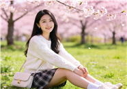 春天坐在樱花树下的美女图片