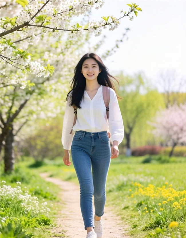 春天美女户外背包踏青徒步图片