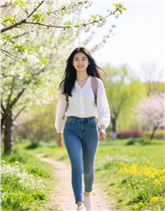 春天美女户外背包踏青徒步图片