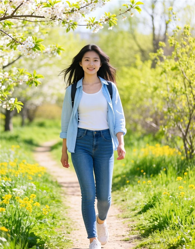 春天穿着蓝色衬衫的美女踏青图片