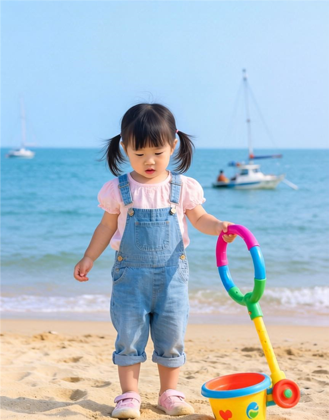 小女孩海边沙滩玩沙子图片