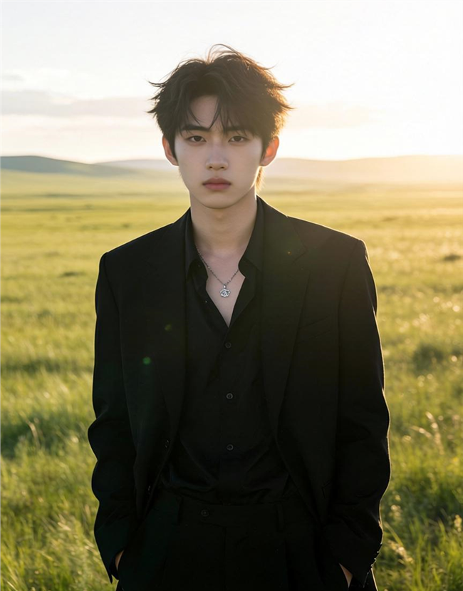 春日大草原年轻黑色西装帅哥图片