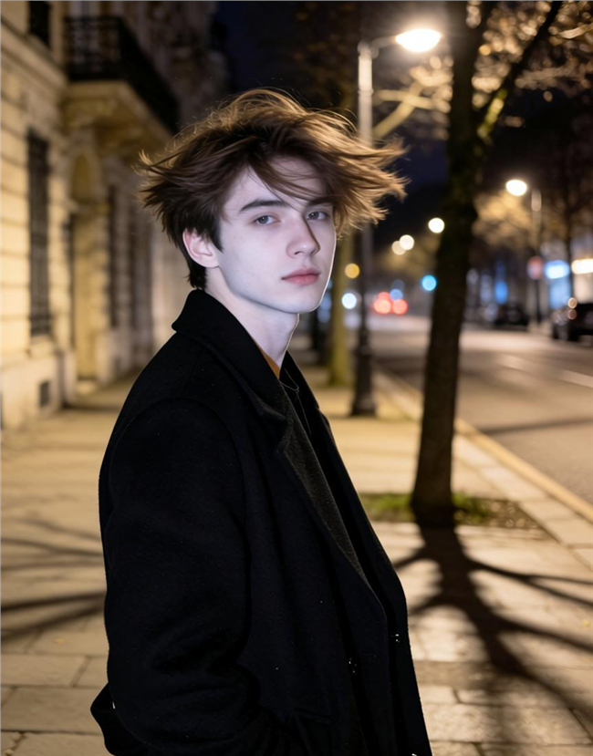 夜晚街头冷白皮帅哥写真图片