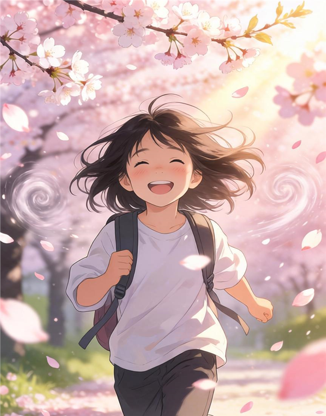 樱花漫天飞舞奔跑的动漫女孩图片