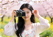 春天樱花盛开手持相机的美女图片