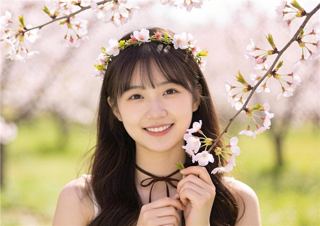 粉色樱花树下微笑的美女图片