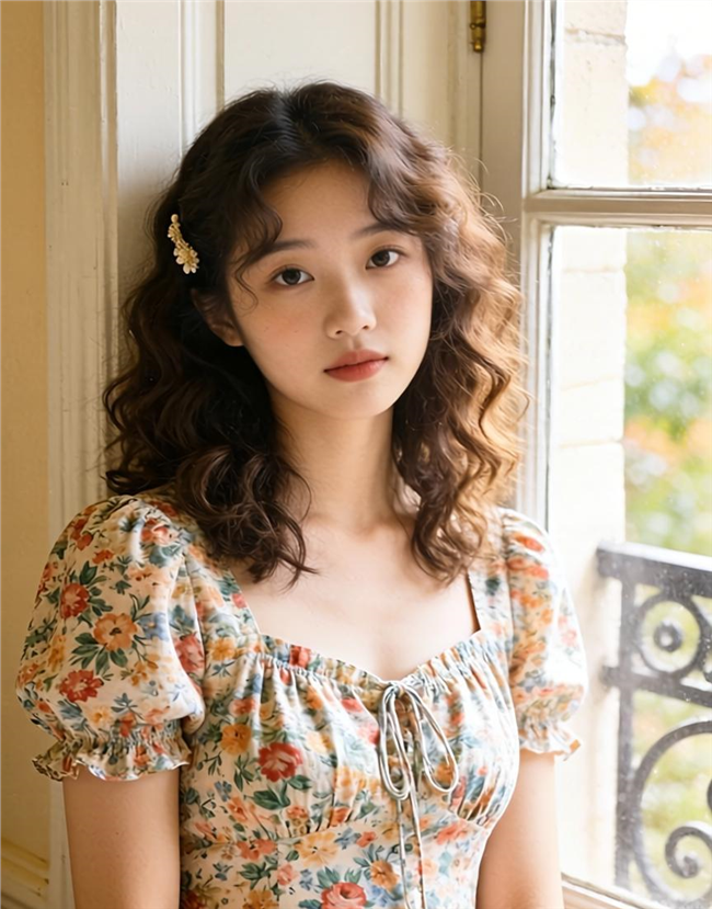 亚洲长卷发碎花裙美女写真摄影图片