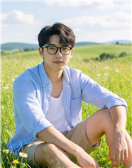 夏日午后草地蓝色衬衫戴眼镜帅哥图片