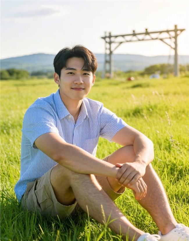 夏日午后草地年轻帅气帅哥图片
