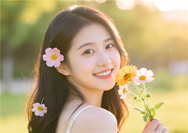 笑颜如花手持小野菊美女图片