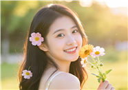 笑颜如花手持小野菊美女图片