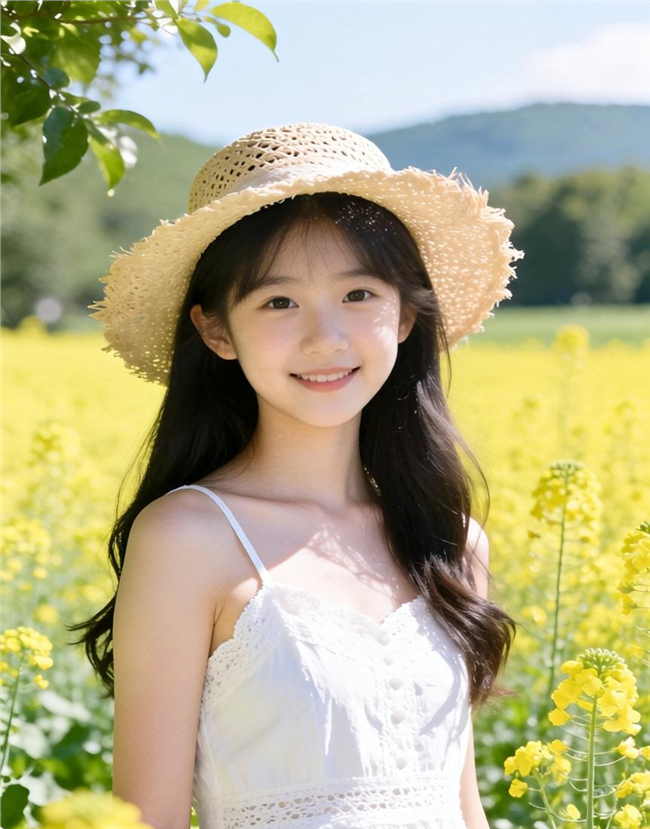 春天油菜花海戴帽美女写真图片