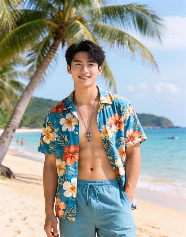 夏日海边度假年轻帅哥摄影图片