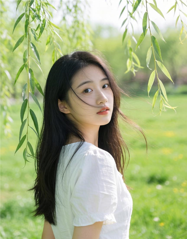 站在柳枝下的美女图片