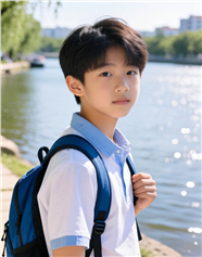 背着书包站在河边的小学生图片