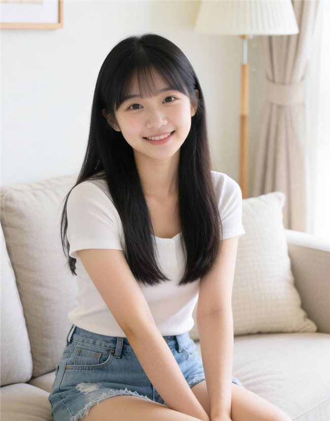 坐在沙发上的长直发女孩图片