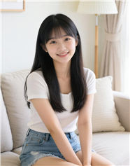 坐在沙发上的长直发女孩图片