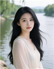 河边透明雪纺裙长卷发美女写真图片
