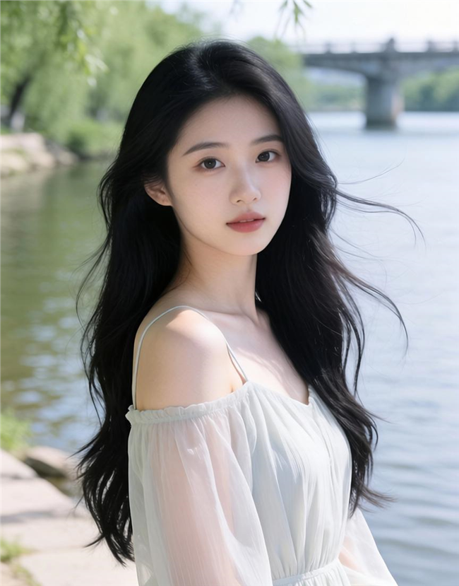河边淡雅雪纺裙美女写真图片