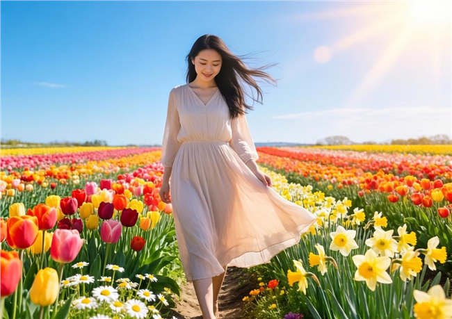 春日郁金香花海美女写真图片