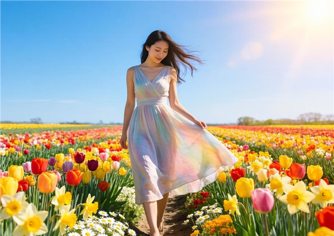 亚洲连衣裙美女站在花海中图片