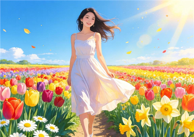 卡通插画风格花海美女图片