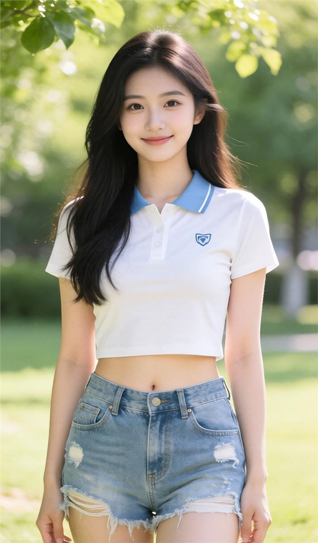 白色肚脐装牛仔短裤美女写真图片