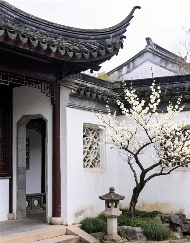 中国风庭院门口梅花摄影图片