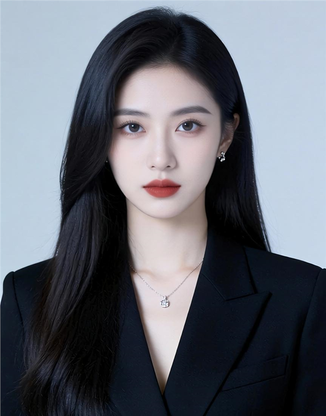 白皙红唇长直发黑色西装美女写真图片