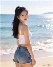 海边白色背心短裤回眸少女美女图片